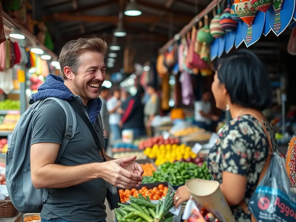 An image of a traveler confidently engaging in a conversation in English while exploring a vibrant international city.