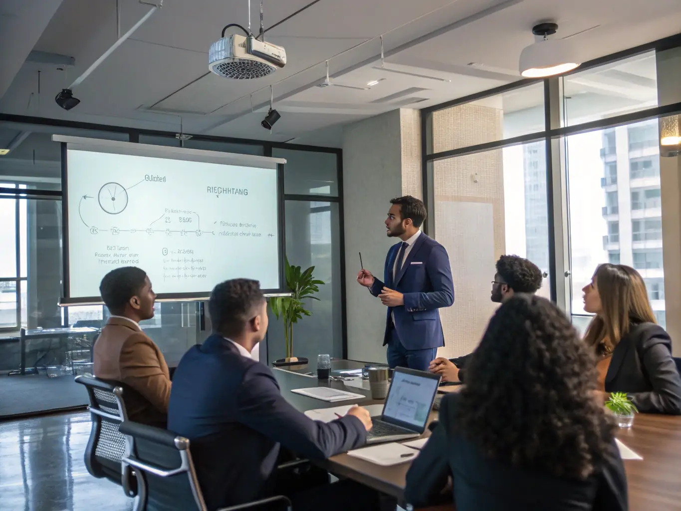 A person confidently speaking English in a professional setting, gesturing to emphasize a point, with a diverse group of colleagues listening attentively. The scene conveys effective communication and leadership.