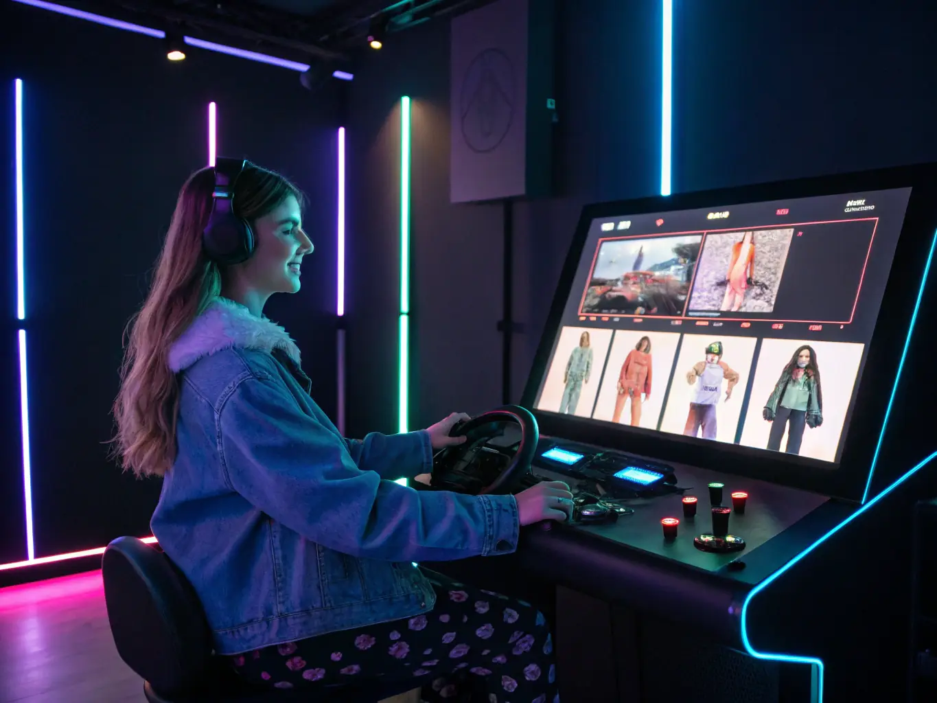 A student wearing a VR headset, immersed in a virtual reality language learning simulation, interacting with digital objects and characters, showcasing the immersive technology used in English2Imagine's courses.