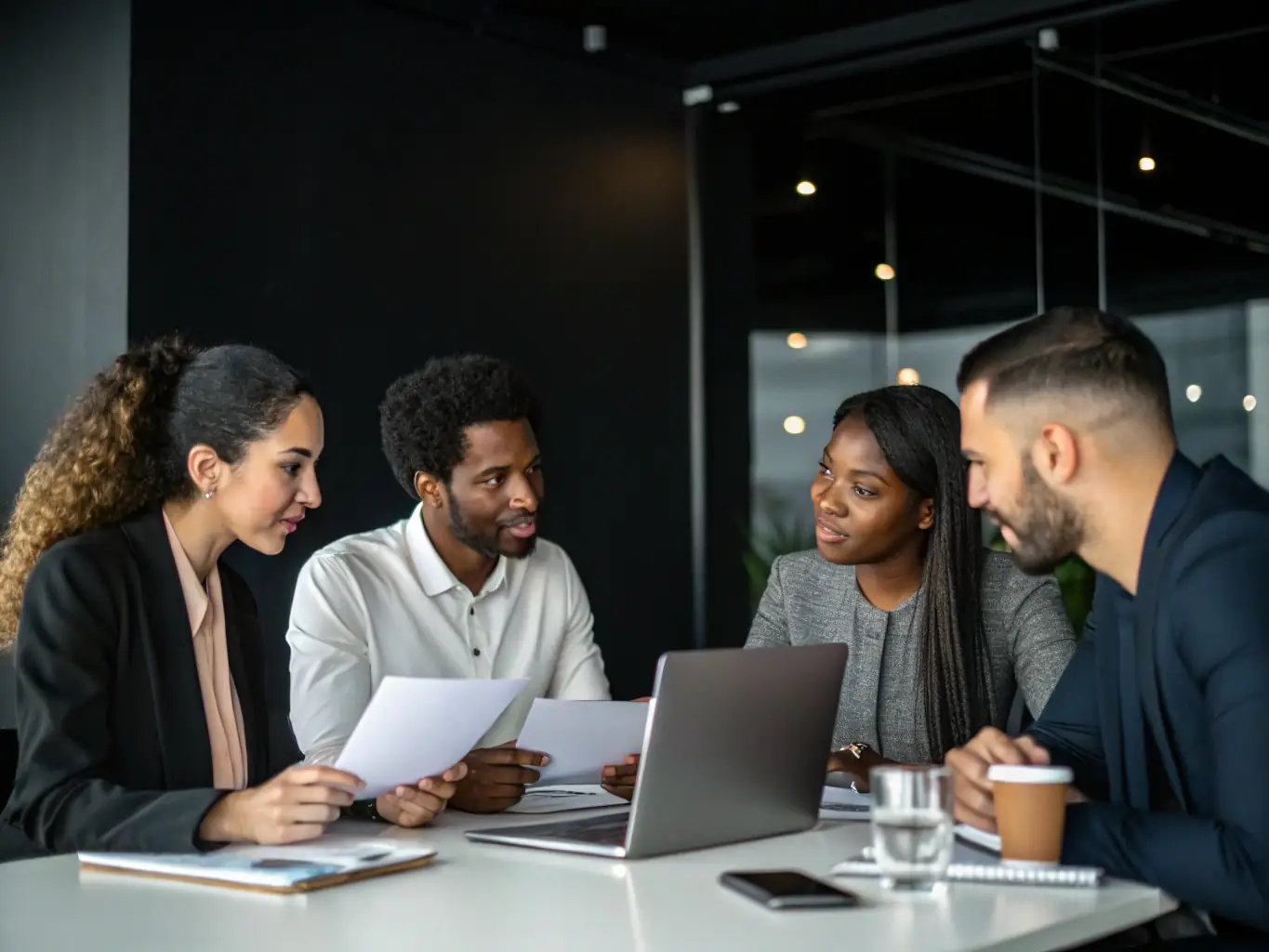 A diverse group of business professionals engaged in a lively discussion during a corporate leadership training session, emphasizing Corporate Leadership skills.