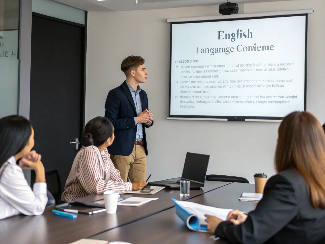 A student confidently presenting in English during a business meeting simulation, demonstrating the practical application of language skills learned at English2Imagine.