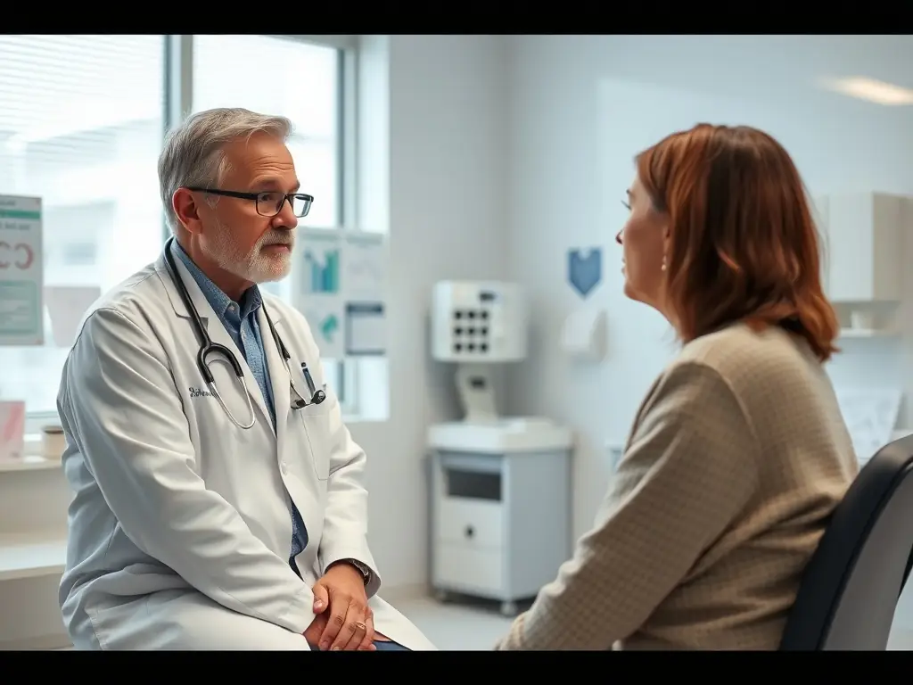 A person confidently speaking English during a medical consultation, interacting with a patient and using medical terminology accurately. The scene highlights effective communication in a healthcare setting.