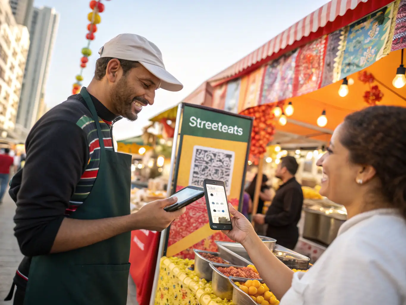 A vibrant image of a person confidently ordering food in a foreign country, representing the freedom and fluency gained through the Lifestyle & Travel program.