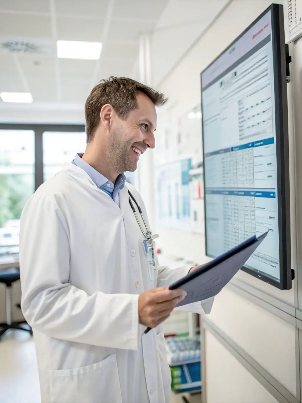 A professional doctor wearing a stethoscope, smiling confidently in a modern hospital setting, representing Medical English Mastery.