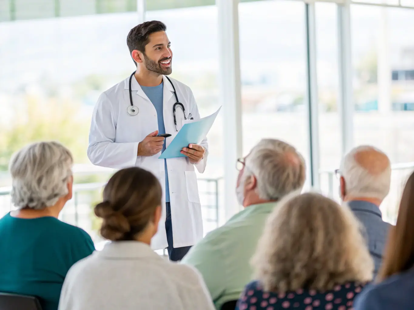 An image of a healthcare professional confidently presenting medical findings in English at an international conference, surrounded by colleagues.
