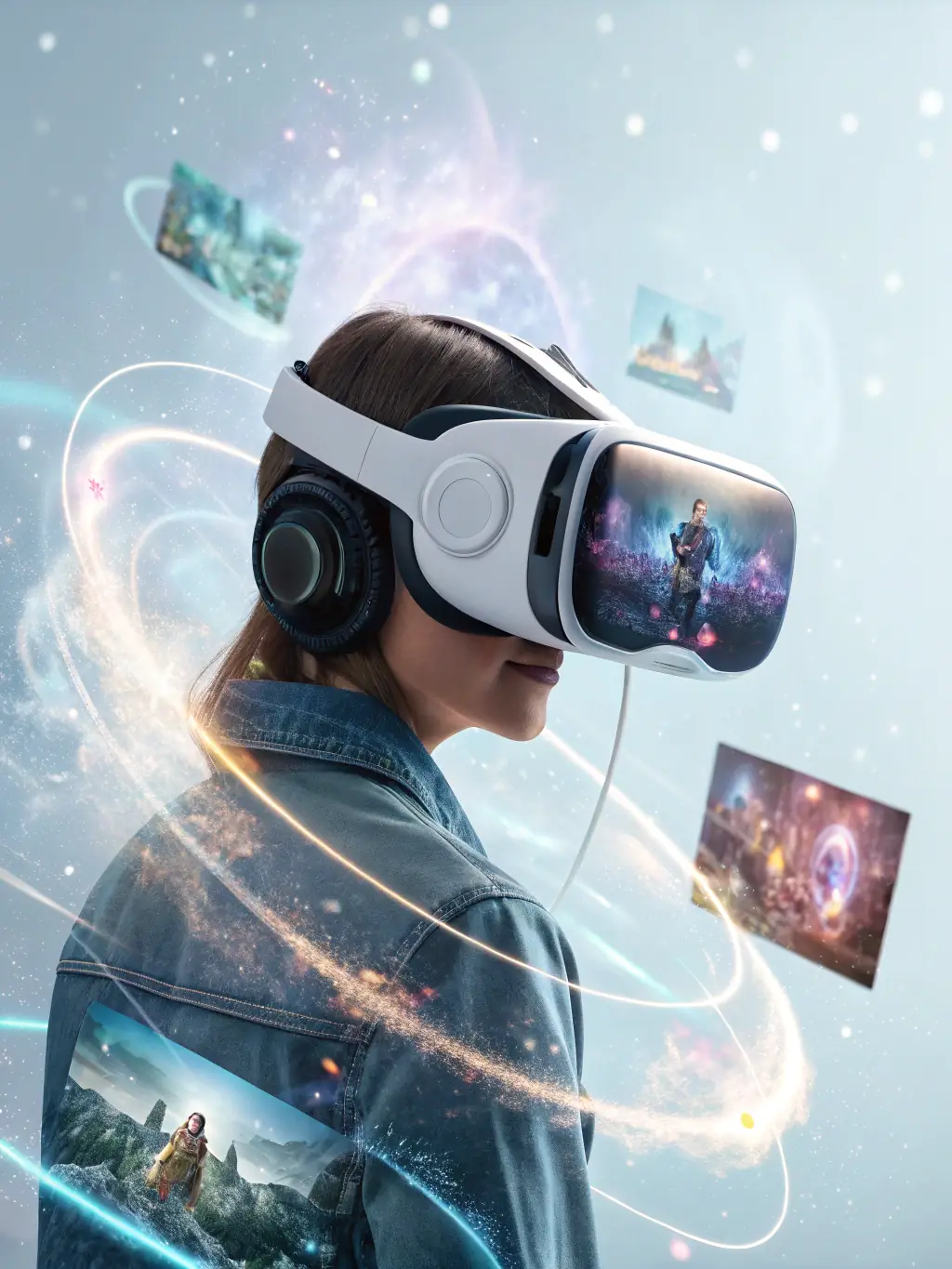 A student using a virtual reality headset, immersed in an English learning simulation, representing the innovative approach of English2Imagine.