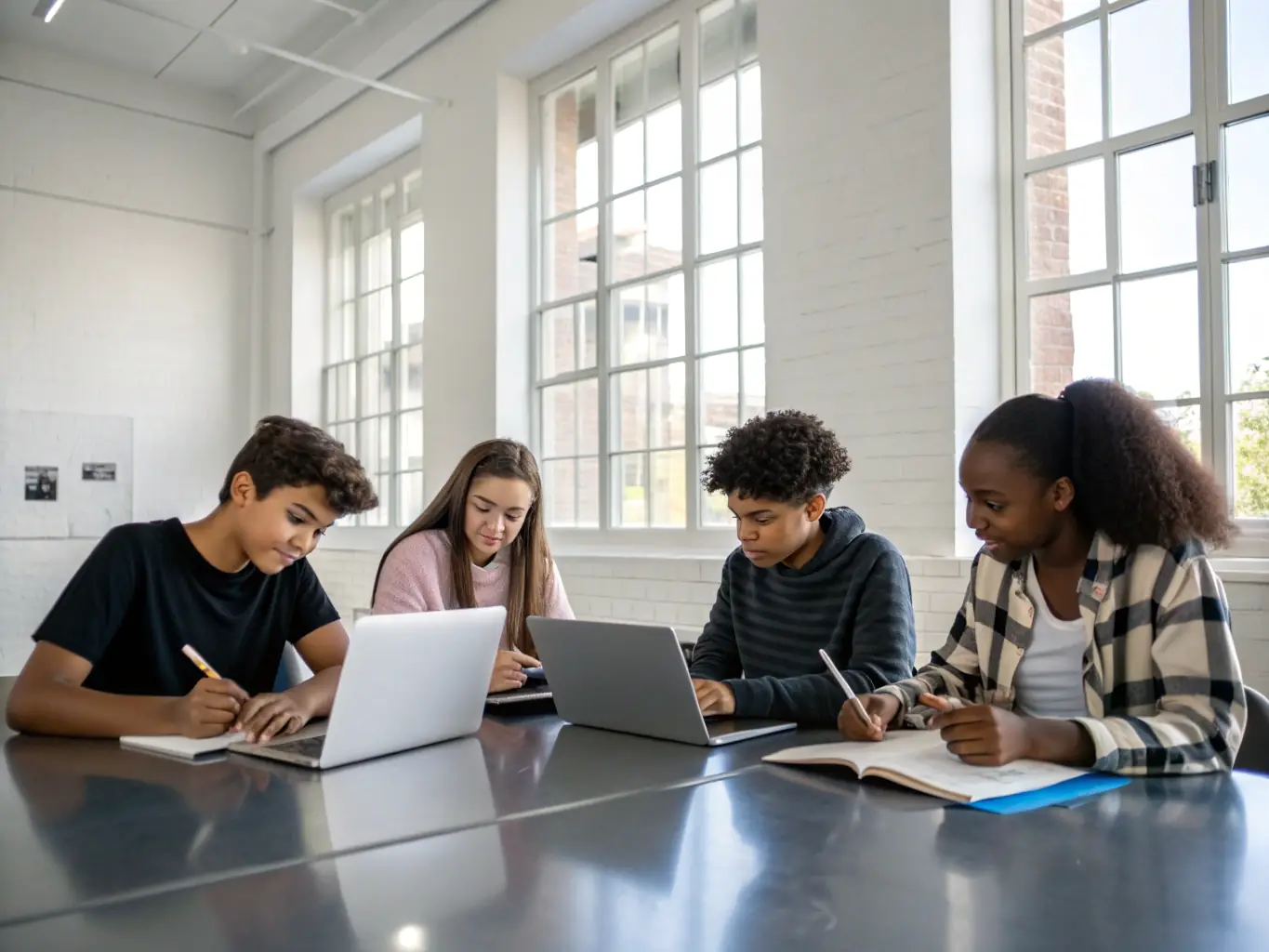 A diverse group of students collaboratively working on a language project using interactive whiteboards and tablets in a modern, brightly lit classroom, reflecting the collaborative and tech-enhanced learning environment of English2Imagine.