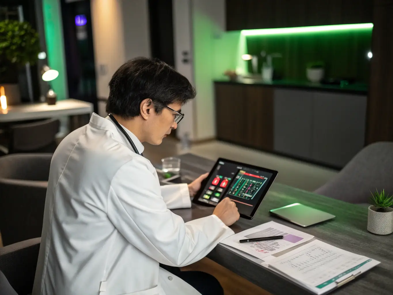 A professional doctor in a white coat confidently discussing a medical case with international colleagues during a virtual meeting, showcasing Medical English Mastery.