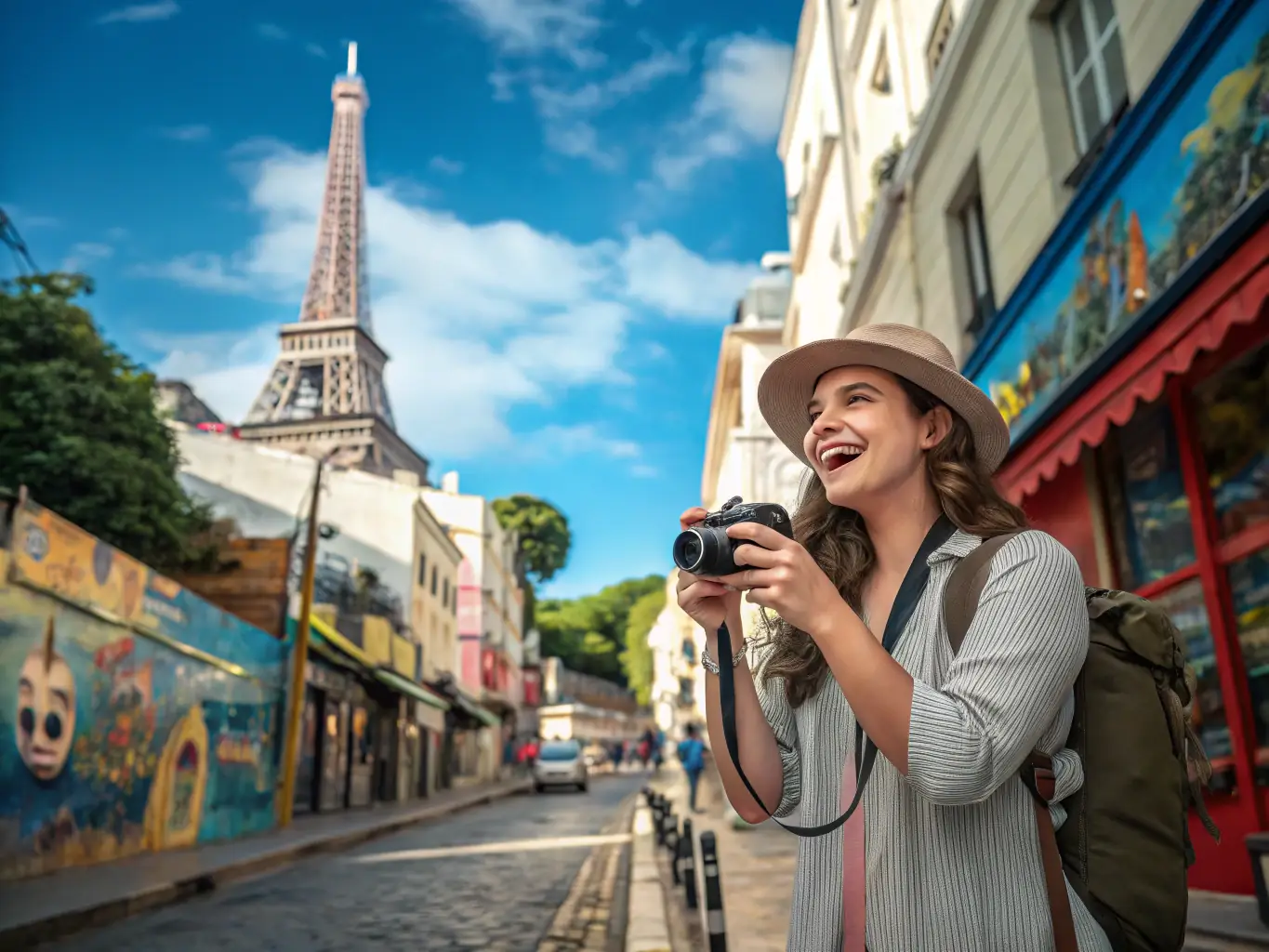 A person speaking confidently in English while traveling abroad, interacting with locals and navigating a foreign city with ease. The image represents the freedom and fluency gained through English2imagine.