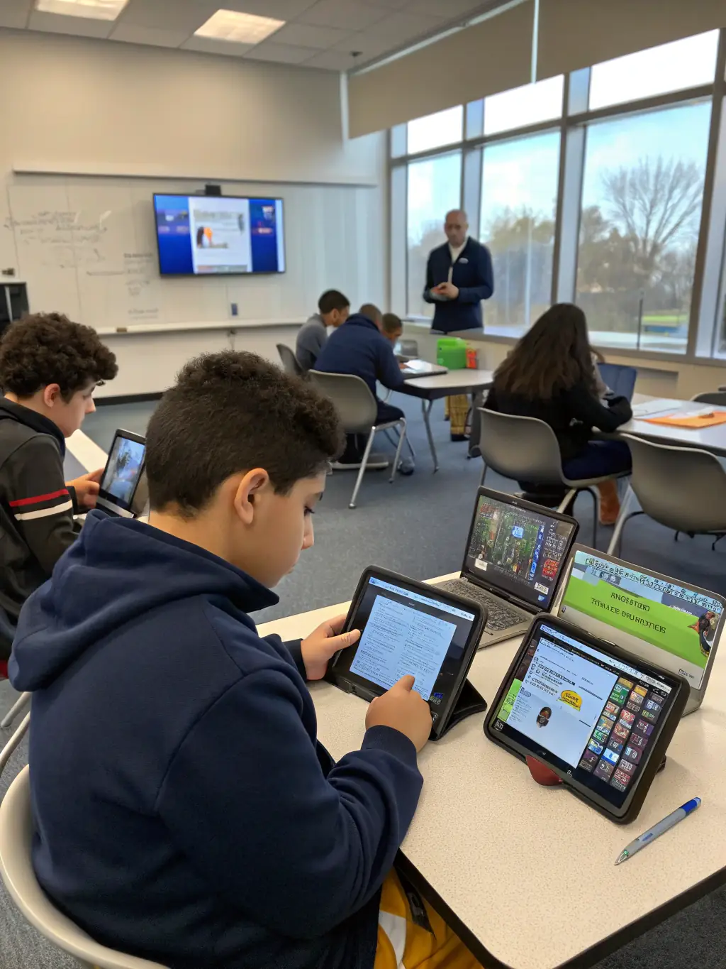 A diverse group of students actively participating in an English2Imagine language class, using tablets and interactive whiteboards, showcasing the integration of technology in learning.