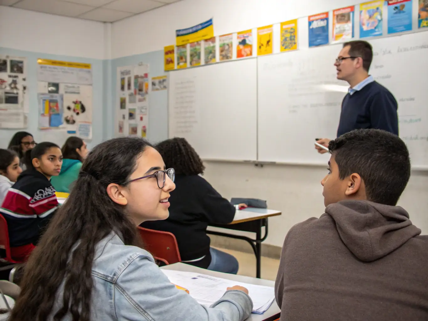A diverse group of students collaboratively working on a digital language project on a large interactive screen, showcasing the integration of technology in language learning at English2Imagine.